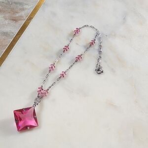 Pink Art Deco Rhodium Plated Necklace
